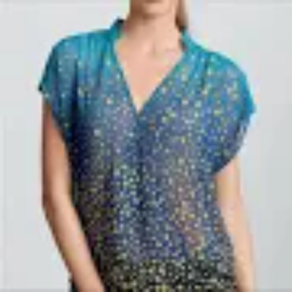 Cabi #344 Blue and Gold Bubbles Ombre Wrap Front Top